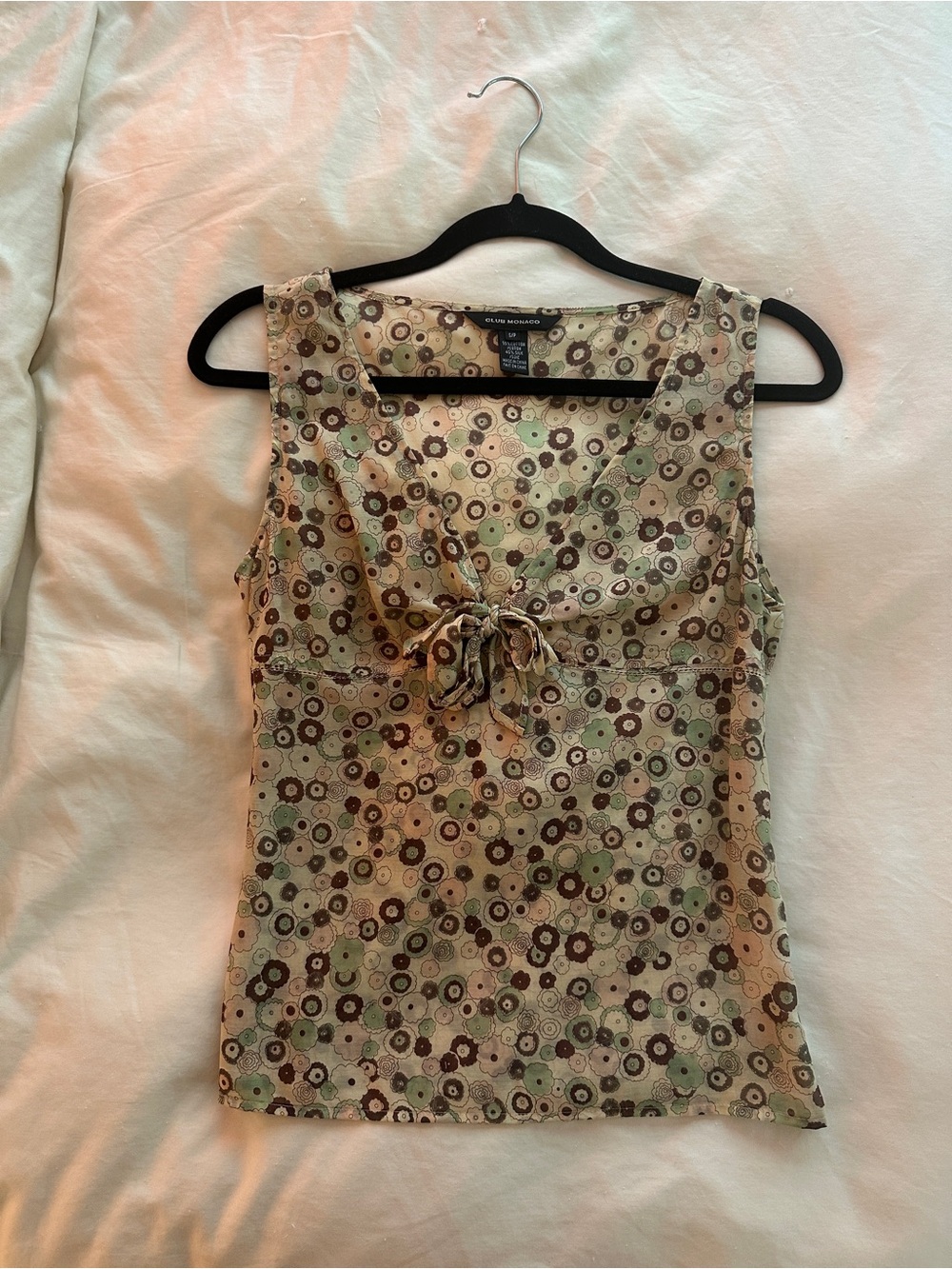 Club Monaco Sleeveless Floral Tie-Front Camisole - Sage Green & Brown
